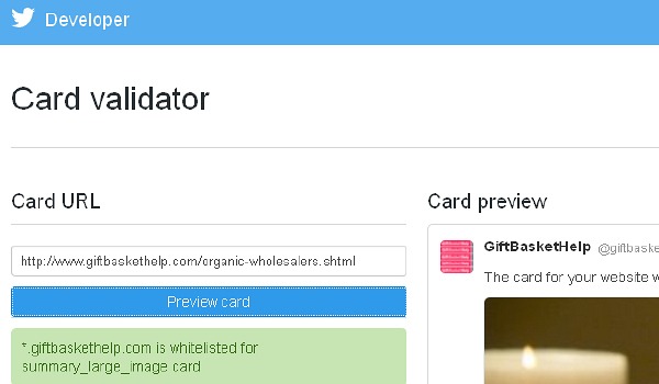 Example of when your URL is accepted and validated, Twitter Cards
