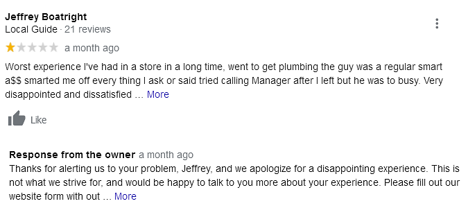 One example of a well-worded business response to an online negative review