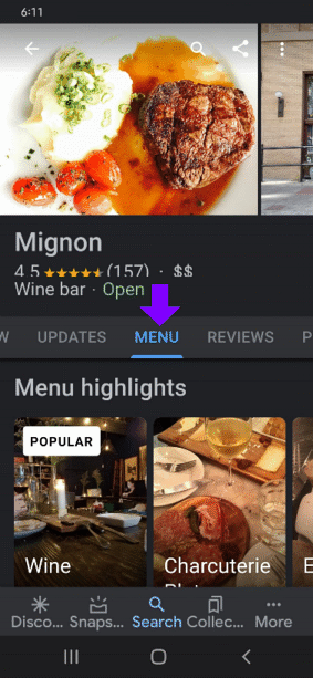 google my business menu highlights