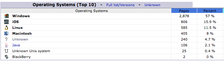 stats regarding operating systems used to view your website pages